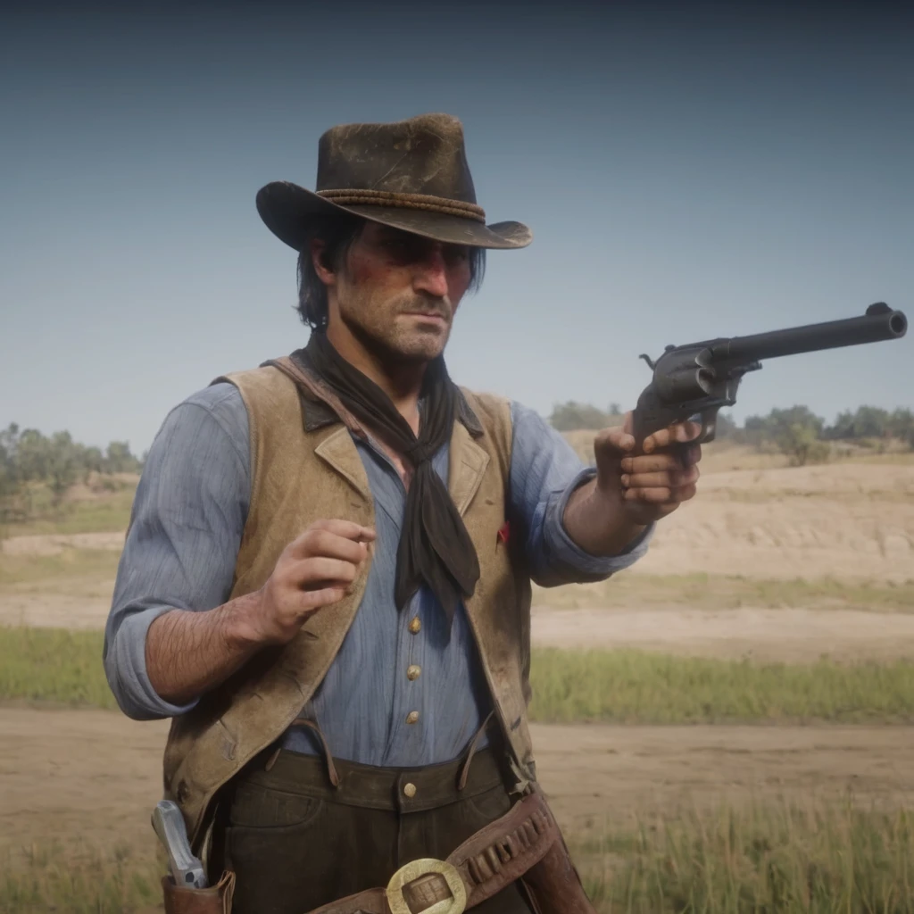 cinematic film still of  A PARrOt HEAd MAn holding a gun in a field,solo,1boy,weapon,male focus,gun,blood,facial hair,blood on clothes,manly,aiming at viewer , epic, Western, adventures, outlaw, Red Dead, Western United States, wild west, cowboy, cowgirl, Open world, 1900's, realistic, cinematic, film look, dramatic light, partially covered in shadows, gang, Western-themed action-adventure, Red Dead Redemption style
, shallow depth of field, vignette, highly detailed, high budget, bokeh, cinemascope, moody, epic, gorgeous, film grain, grainy