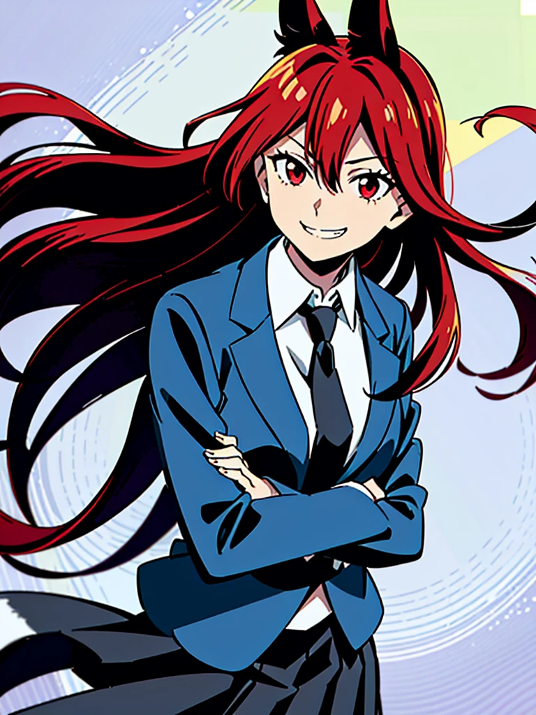 1girl ,solo,20s,mature female,red hair,long hair,fox ears,(white background),shirt,black standard tie,blue blazer,long sleeves, black pleated skirt,(upper body), high quality,medium long shot, Low - Angle, fold your arms,grin and laugh, open your mouth, looking at the viewer, motion