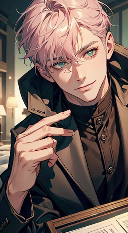 a mature man with short grey pink hair, green eyes, 31 years, and a perfect face, smiling in love, CEO, cinematic lighting, 1:4 HDR image, top view, ultra detailed, best quality, masterpiece, 8K, photorealistic, beautiful image
