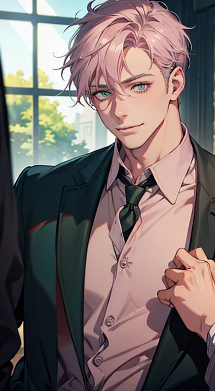 a mature man with short grey pink hair, green eyes, 31 years, and a perfect face, smiling in love, CEO, cinematic lighting, 1:4 HDR image, top view, ultra detailed, best quality, masterpiece, 8K, photorealistic, beautiful image