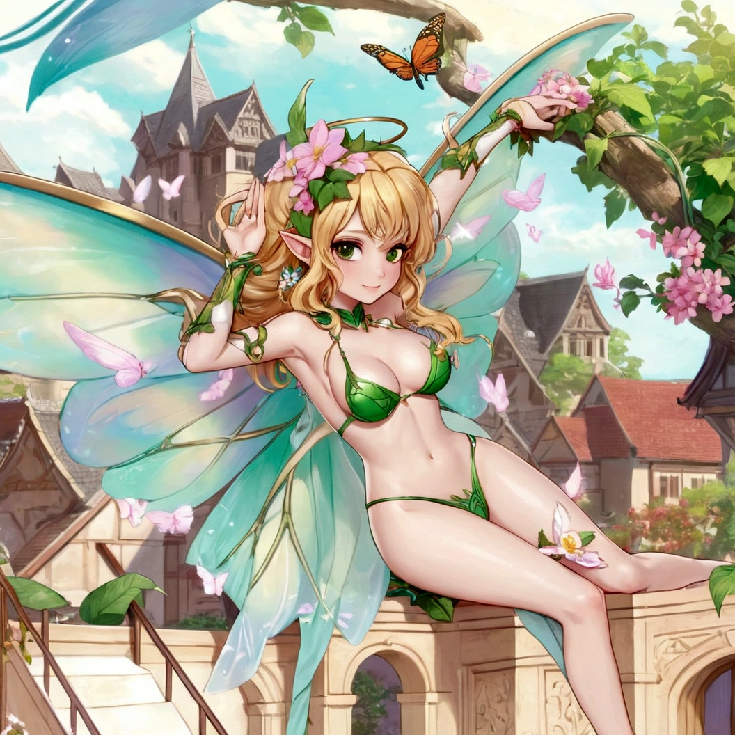 Anime angel with wings and bikini on the balcony, Queen of the Summer Forest, ยิ้มราวกับqueen of the fairies, queen of the fairies, insect trainer girl, goddess of summer, high detailed official artwork, Elf Girl, Charming elf princess knight, Kuchart Krenz Key Art Feminine, Elf Girl wearing an flower suit, Very detailed fan art