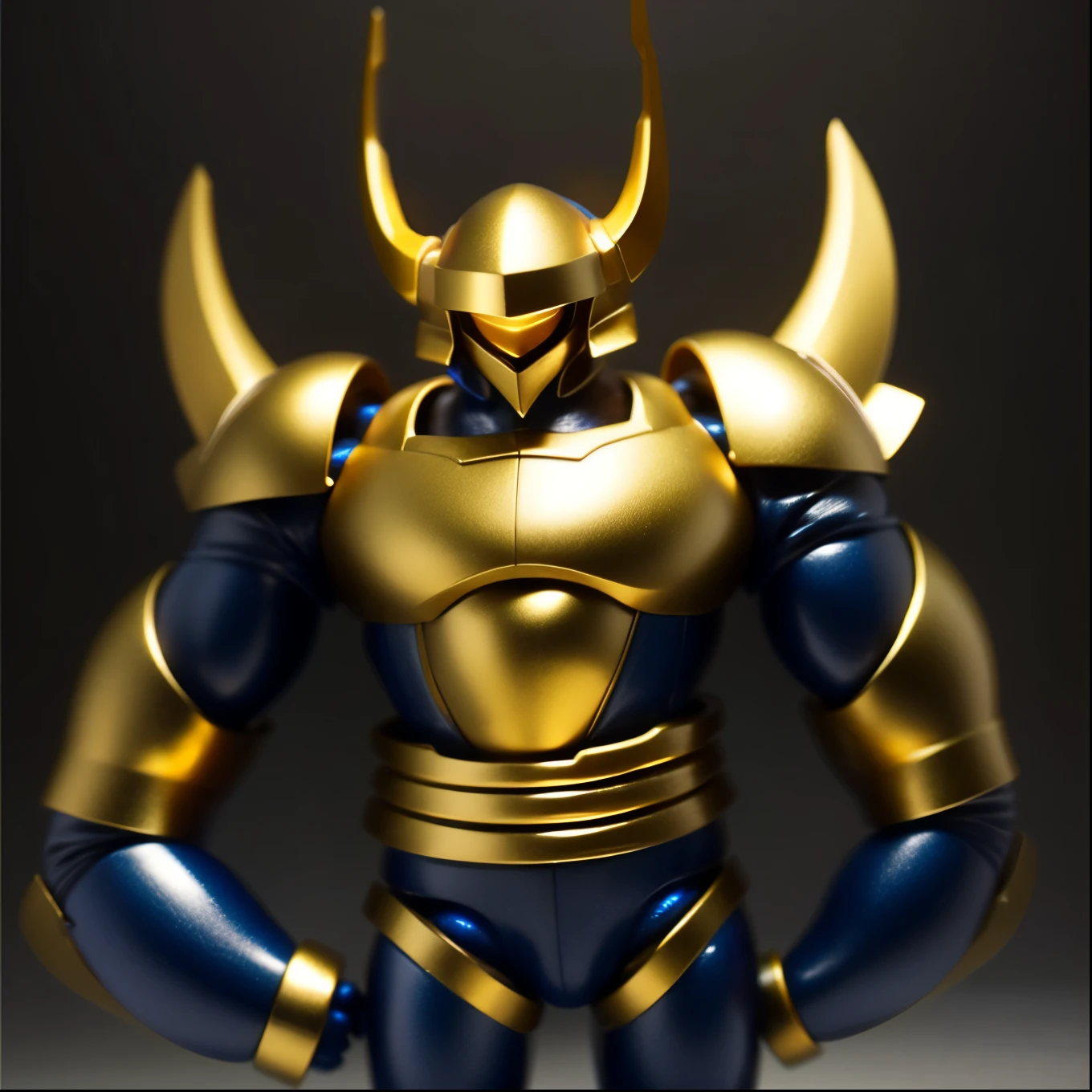 Two long horns on head, golden horns, horns on both shoulders, golden armor, dark night background, high quality, blue visor,
