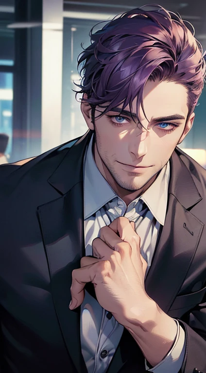 (best quality,4k,8k,highres,masterpiece:1.2),ultra-detailed,(realistic,photorealistic,photo-realistic:1.37),1 man,31 years old,mature man,very handsome,without expression,smile,short purple hair,blue eyes,penetrating gaze,perfect face without errors,imposing posture,businessman,office background,cinematic lighting,hdr image