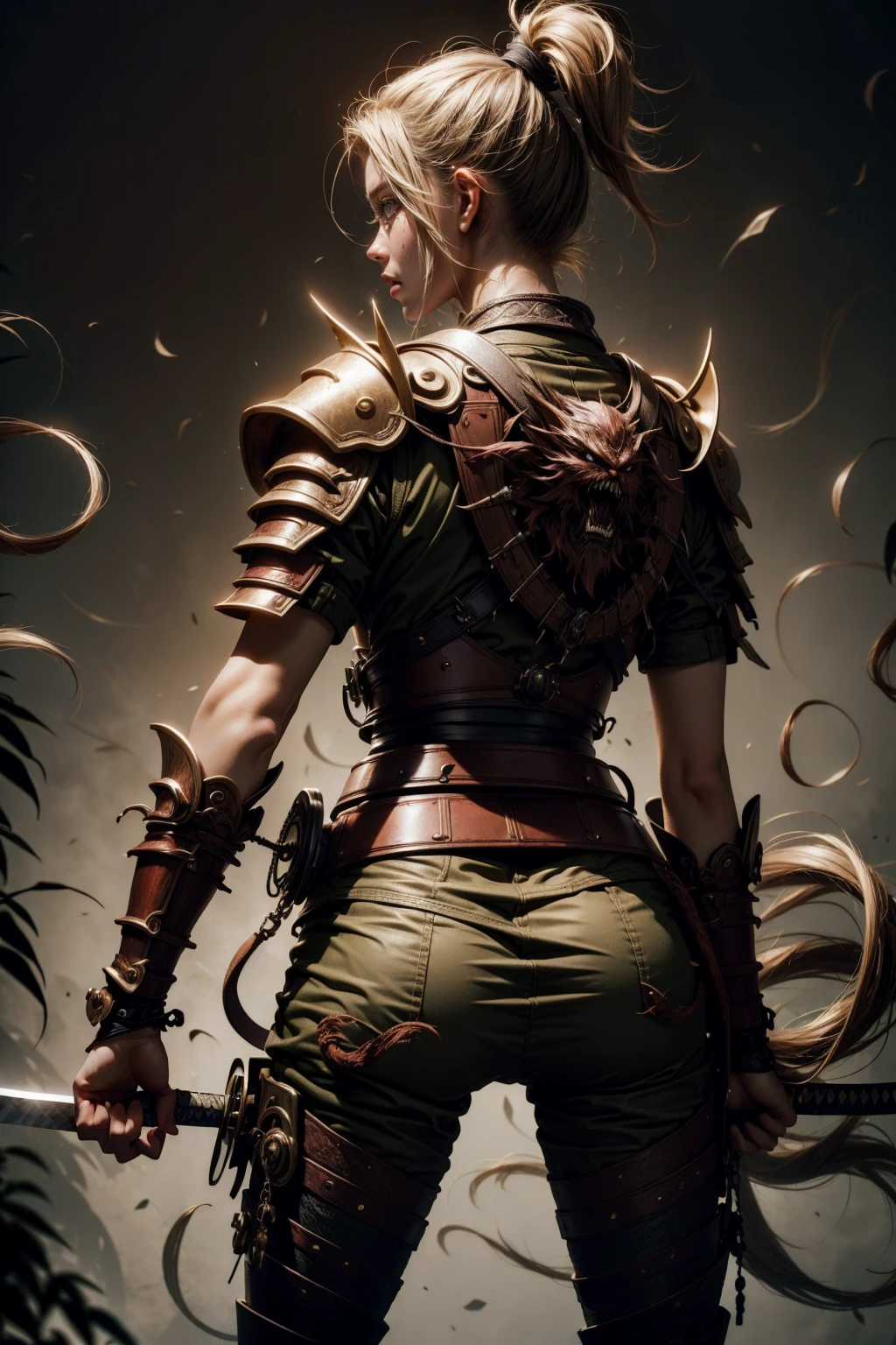 samurai girl, really short hair, with sexy samurai armor on your back, showing your back, katana sword
