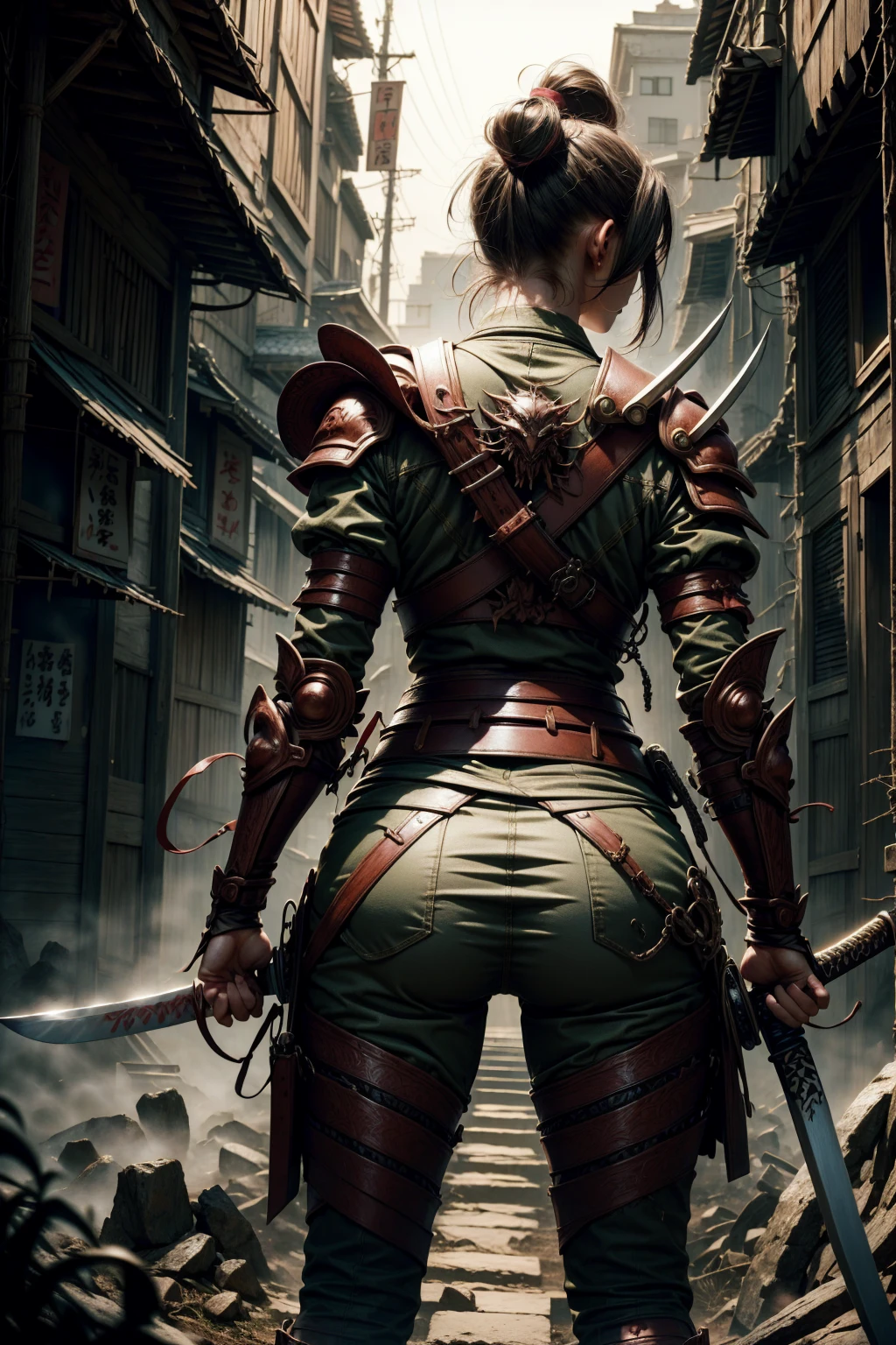 samurai girl, really short hair, with sexy samurai armor on your back, showing your back, katana sword