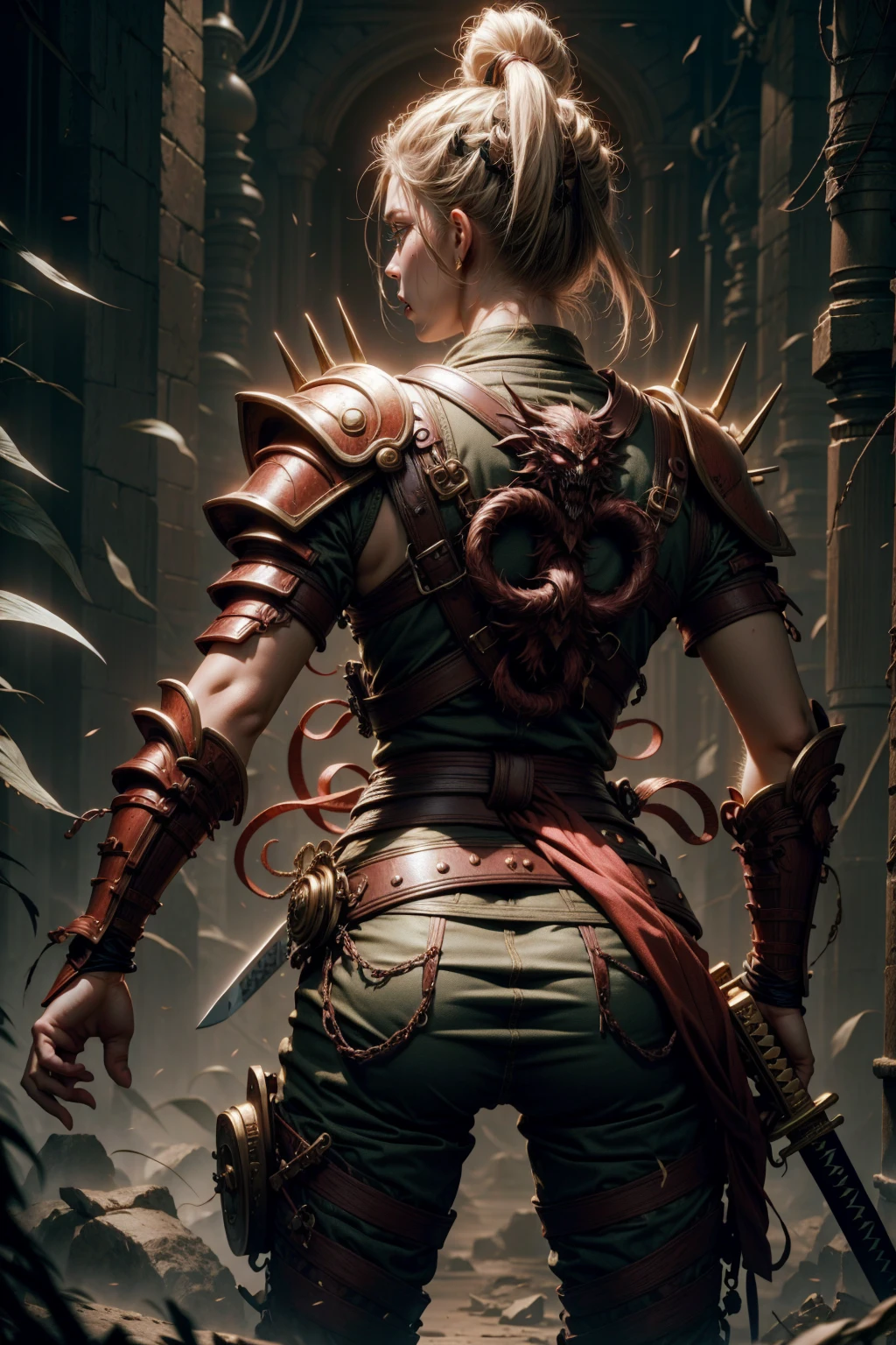 samurai girl, really short hair, with sexy samurai armor on your back, showing your back, katana sword