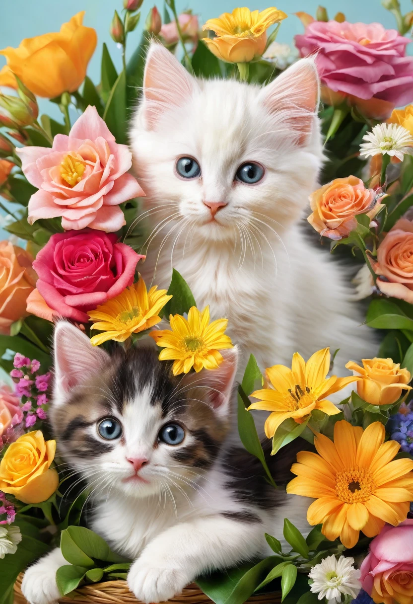 A photorealistic image of a bouquet of flowers with two kittens hidden among the blooms. The bouquet is vibrant and colorful, featuring various types of flowers such as roses, lilies, and daisies. The kittens are playfully peeking out from between the flowers, their small faces and paws visible among the petals and leaves. The scene is whimsical and heartwarming, with the kittens adding a delightful and unexpected element to the beautiful floral arrangement.