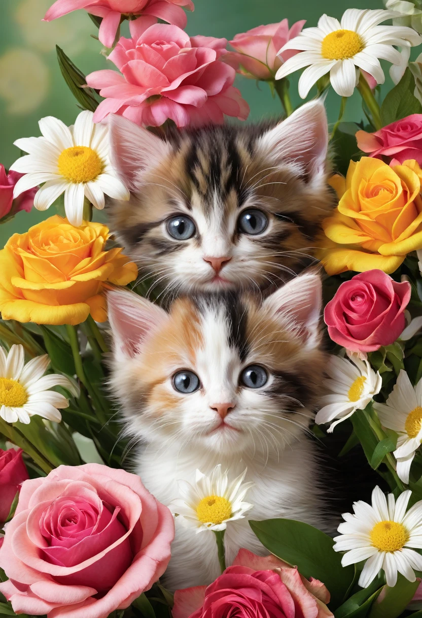 
A photorealistic image of a bouquet of flowers with two kittens hidden among the blooms. The bouquet is vibrant and colorful, featuring various types of flowers such as roses, lilies, and daisies. The kittens are playfully peeking out from between the flowers, their small faces and paws visible among the petals and leaves. The scene is whimsical and heartwarming, with the kittens adding a delightful and unexpected element to the beautiful floral arrangement.