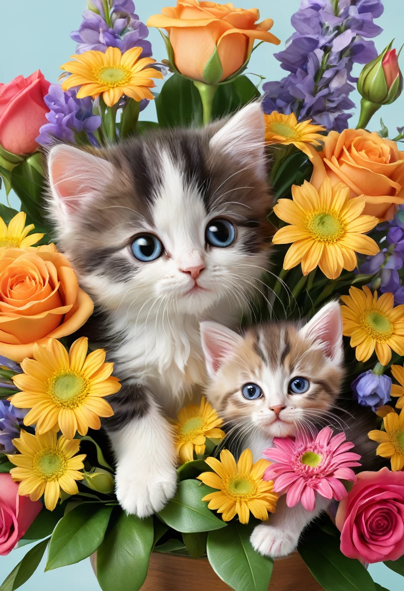 A photorealistic image of a bouquet of flowers with two kittens hidden among the blooms. The bouquet is vibrant and colorful, featuring various types of flowers such as roses, lilies, and daisies. The kittens are playfully peeking out from between the flowers, their small faces and paws visible among the petals and leaves. The scene is whimsical and heartwarming, with the kittens adding a delightful and unexpected element to the beautiful floral arrangement.