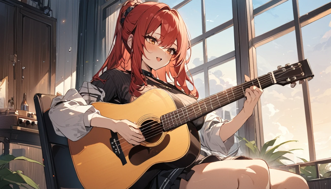 (Highest quality), One girl,Red hair,Playing Acoustic Guitar,In front of a large window,It's raining outside