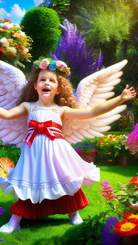 A silly old angel playing with children, flower garden, playful, whimsical, detailed fantasy, vibrant colors, lush foliage, warm lighting, magical realism, intricate details, photorealistic, 8k, best quality, masterpiece