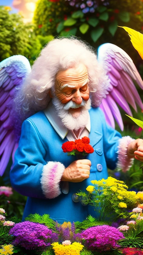 A silly old angel playing with children, flower garden, playful, whimsical, detailed fantasy, vibrant colors, lush foliage, warm lighting, magical realism, intricate details, photorealistic, 8k, best quality, masterpiece