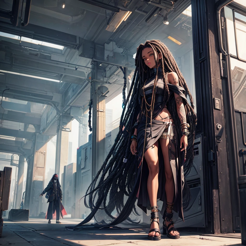 woman. mulatta. He has dreadlocks in his hair. has tattoos. He is wearing black clothes. futuristic scenery