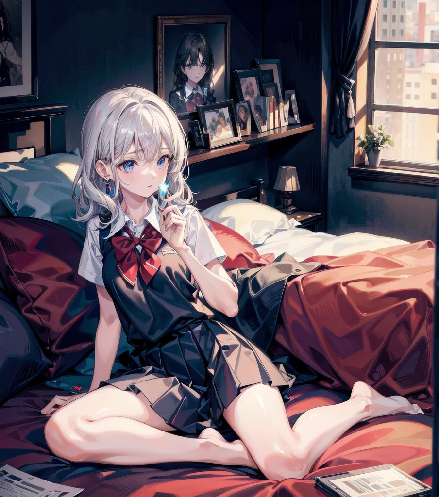 absurdres, RAW photo, extremely delicate and beautiful, masterpiece, Best Quality, ultra high resolution, 32k, hyperrealistic, ultra-detailed, super Detailed skin, perfect figure, Very detailed CG 8k wallpaper, in her 20s, very small head, very small face, delicate facial features, tearful mole, earring, very huge round breasts, full body shot, shorter middle hair, wavy hair, ((school uniform)), bedroom,