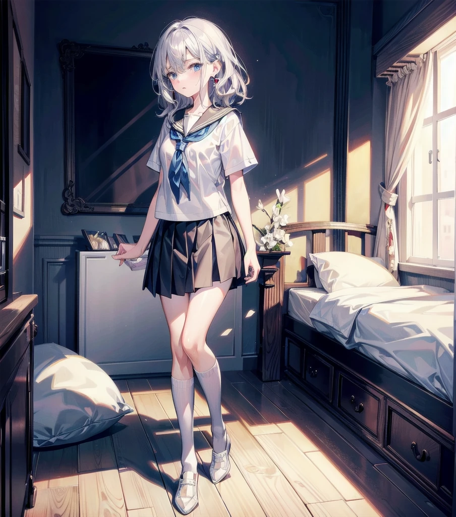absurdres, RAW photo, extremely delicate and beautiful, masterpiece, Best Quality, ultra high resolution, 32k, hyperrealistic, ultra-detailed, super Detailed skin, perfect figure, Very detailed CG 8k wallpaper, in her 20s, very small head, very small face, delicate facial features, tearful mole, earring, very huge round breasts, full body shot, shorter middle hair, wavy hair, ((school uniform)), bedroom,