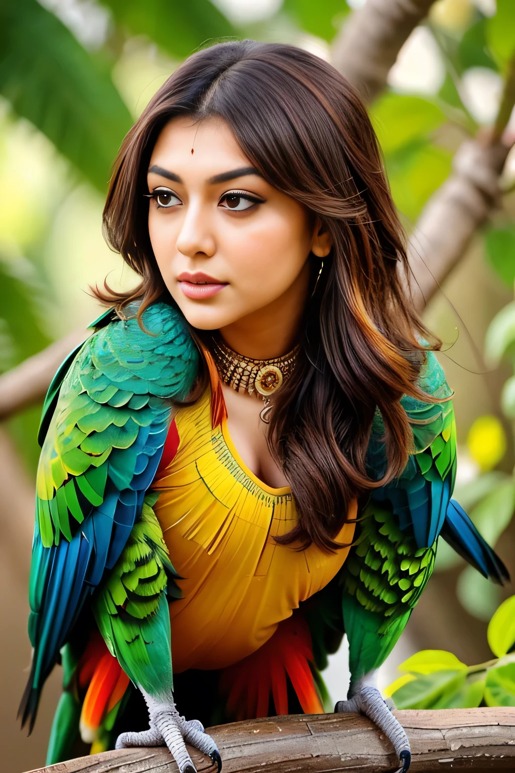 Hansika Motwani is a Parrot bird, She is a bird but her head looks like girl, from neck to full body looks like Parrot bird. Parrot legs, Parrot wings. Bird body, Parrot body,   perfect picture, perfect bird, real bird, Real head replace with real Parrot head. Exact Bird. Colorful Parrot.