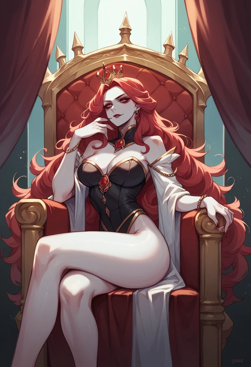 A beautiful woman sitting on a throne, pale skin and flowing red hair, dutchess in modest adornment, evil queen, modest clothing