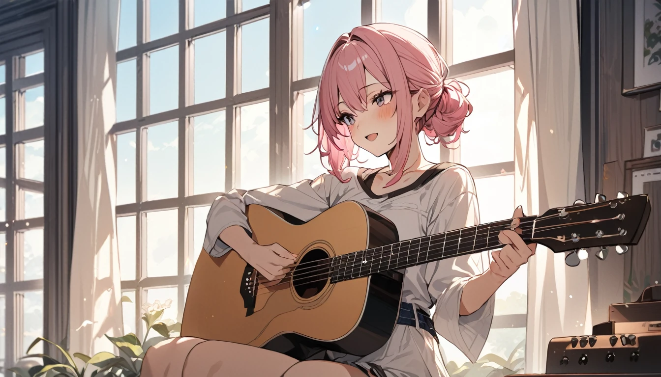 (Highest quality), One girl,Pink Hair,Playing Acoustic Guitar,In front of a large window,It's raining outside