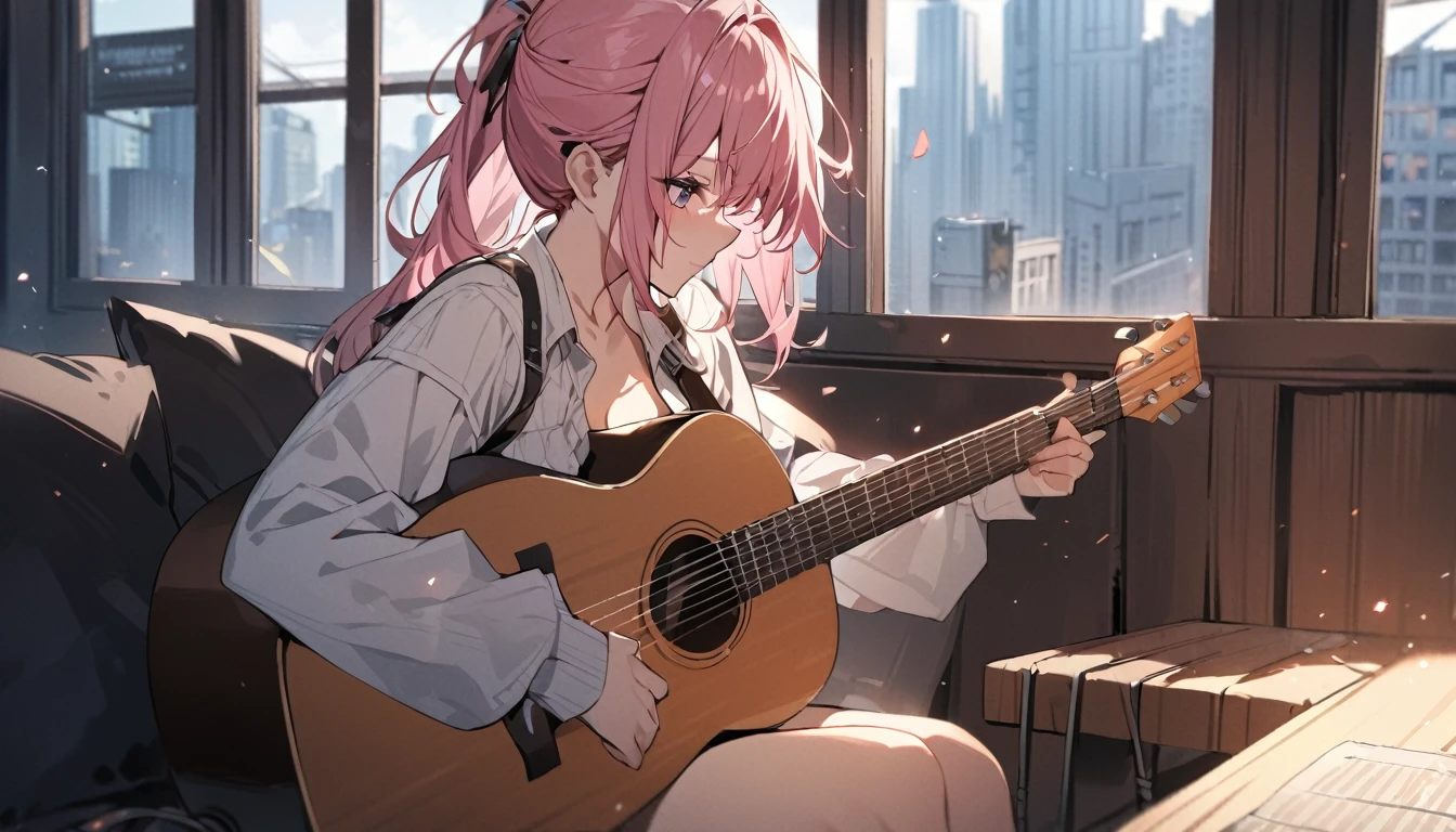 (Highest quality), One girl,Pink Hair,Playing Acoustic Guitar,In front of a large window,It&#39;s raining outside