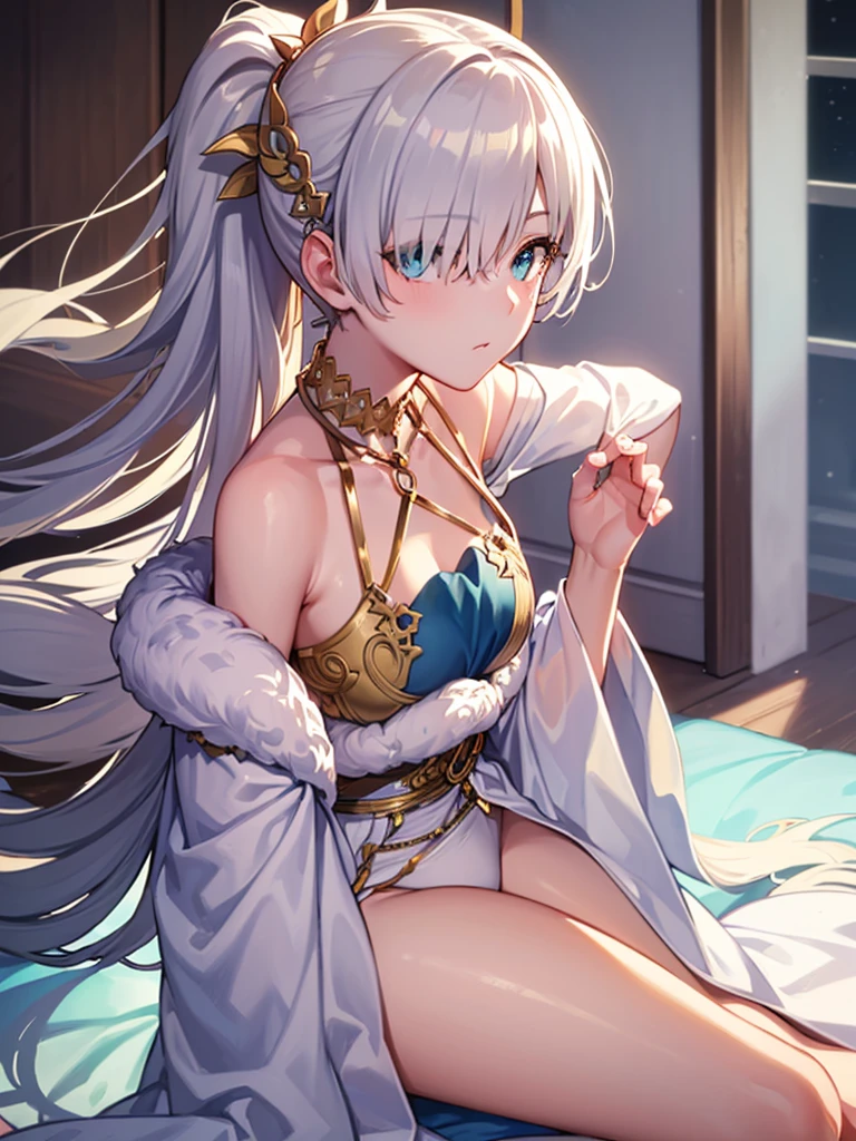 ((Side angle)),(((Face close-up))),(((No background))),(Show me your armpits),((((Portrait of a woman alone)))))),((White Bikini)),((ponytail)),((Exposed shoulders)),Anime art style,masterpiece,(Highest quality), (Super Detail),(Very delicate and beautiful),(alone),(Detailed face and eyes),Beautiful eyes like jewels,(A truly gorgeous jeweled ruffled rococo ball gown dress),(((Mature Woman,Queen))),fgo,Anastasia, Anastasia, blue eyes, Grey Hair, Hair between the eyes, (Hair on one eye:1.5), Long Hair, bangs,
break blue Cape, brown hair band, Cape, dress, Fur trim, hair band, Royal Robes, sash, tachi-e, white dress, Wide sleeves,
break looking at viewer,
break indoors,
break (masterpiece:1.2), Highest quality, High resolution, unity 8k wallpaper, (shape:0.8), (Beautiful attention to detail:1.6), Highly detailed face, Perfect lighting, Extremely detailed CG, (Perfect hands, Perfect Anatomy),