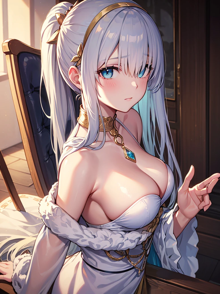 ((Side angle)),(((Face close-up))),(((No background))),(Show me your armpits),((((Portrait of a woman alone)))))),((White Bikini)),((ponytail)),((Exposed shoulders)),Anime art style,masterpiece,(Highest quality), (Super Detail),(Very delicate and beautiful),(alone),(Detailed face and eyes),Beautiful eyes like jewels,(A truly gorgeous jeweled ruffled rococo ball gown dress),(((Mature Woman,Queen))),fgo,Anastasia, Anastasia, blue eyes, Grey Hair, Hair between the eyes, (Hair on one eye:1.5), Long Hair, bangs,
break blue Cape, brown hair band, Cape, dress, Fur trim, hair band, Royal Robes, sash, tachi-e, white dress, Wide sleeves,
break looking at viewer,
break indoors,
break (masterpiece:1.2), Highest quality, High resolution, unity 8k wallpaper, (shape:0.8), (Beautiful attention to detail:1.6), Highly detailed face, Perfect lighting, Extremely detailed CG, (Perfect hands, Perfect Anatomy),