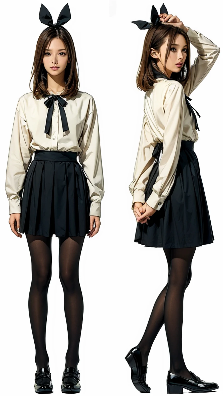 ((masterpiece)),(((Highest quality))),((Character design sheet)),Thin thighs,Long legs,((Alice in Wonderland, wearing a large ribbon on your head,, wear black tights,loafers))、20 year old Japanese woman, (Very slim:1.4)、Low - Angle,Walking with arms raised:1.5,