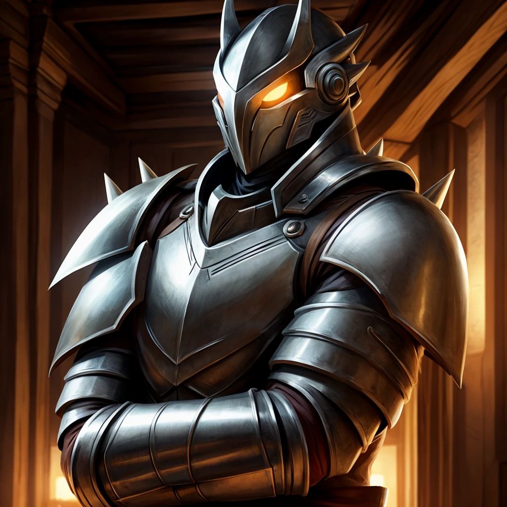 Masterpiece, absurdres, best quality, alphonse_elric, glowing eyes, armor, spikes, helmet, cowboy shot, crossed arms, indoors, 