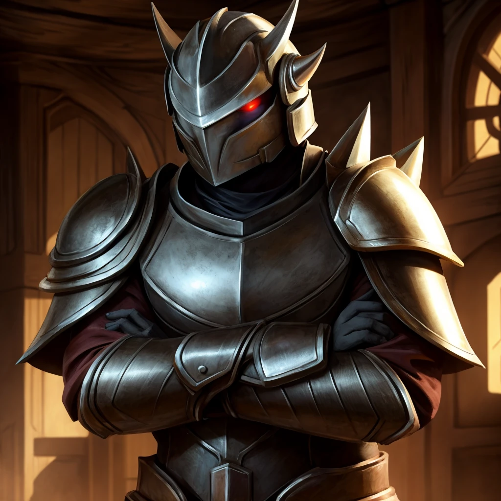 Masterpiece, absurdres, best quality, alphonse_elric, glowing eyes, armor, spikes, helmet, cowboy shot, crossed arms, indoors, 