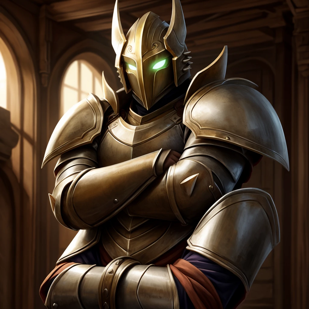 Masterpiece, absurdres, best quality, alphonse_elric, glowing eyes, armor, spikes, helmet, cowboy shot, crossed arms, indoors, 