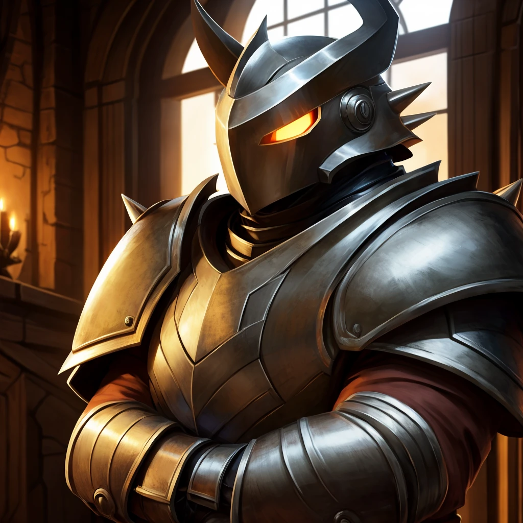 Masterpiece, absurdres, best quality, alphonse_elric, glowing eyes, armor, spikes, helmet, cowboy shot, crossed arms, indoors, 