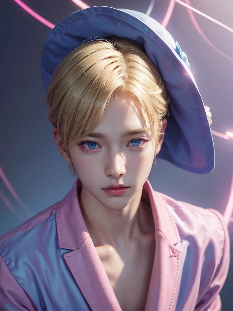 Young man, V of BTS, short and blonde hair, blue eyes, soft face, big lips, pink clothes, male body, y2k glowing fuch lights background
