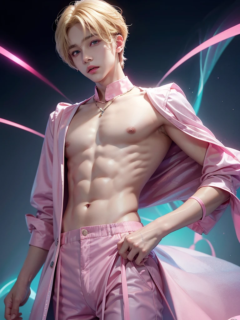 Young man, V of BTS, short and blonde hair, blue eyes, soft face, big lips, pink clothes, male body, y2k glowing fuch lights background