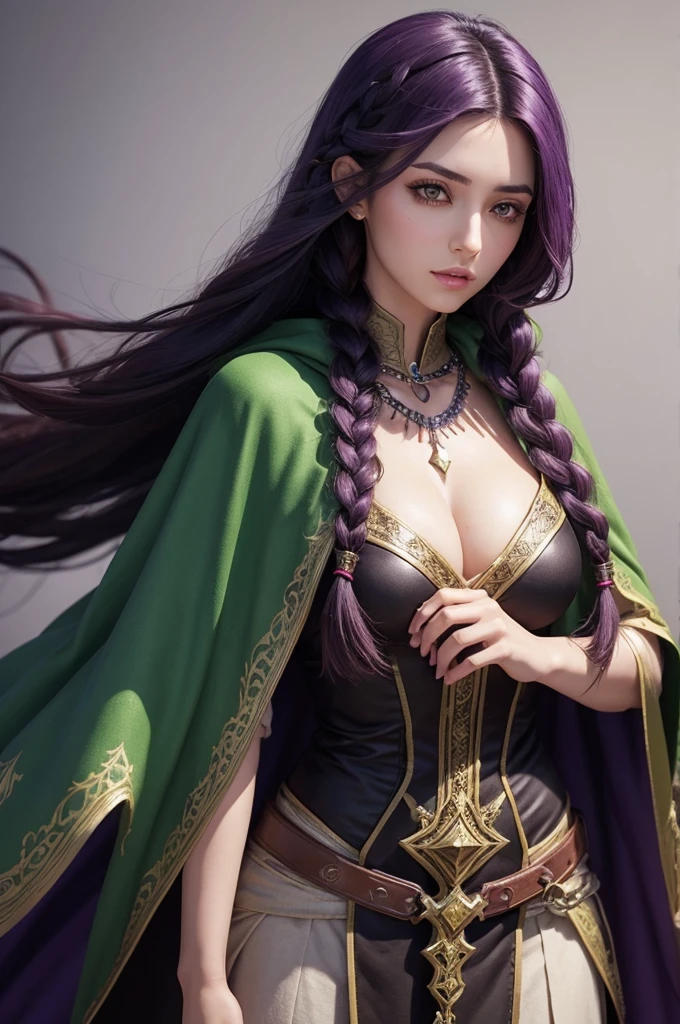 Create a female RPG or game character, with Arabic appearance, with slanted eyes and long black hair with purple highlights in a large braid, Medieval style closed green clothing and a brown cape, a large necklace with a crystal 