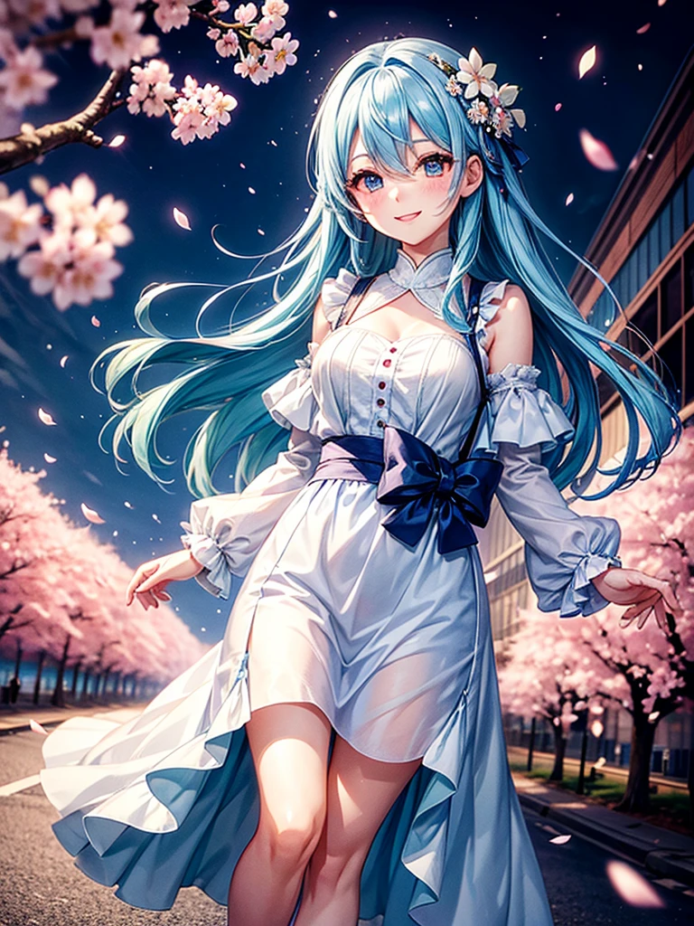 Highest Resolution,Highest quality,Walking along the cherry blossom-lined street at night１Beautiful girl of the person,Light blue hair,Very beautiful eyes,smile,Scattered cherry blossom petals,