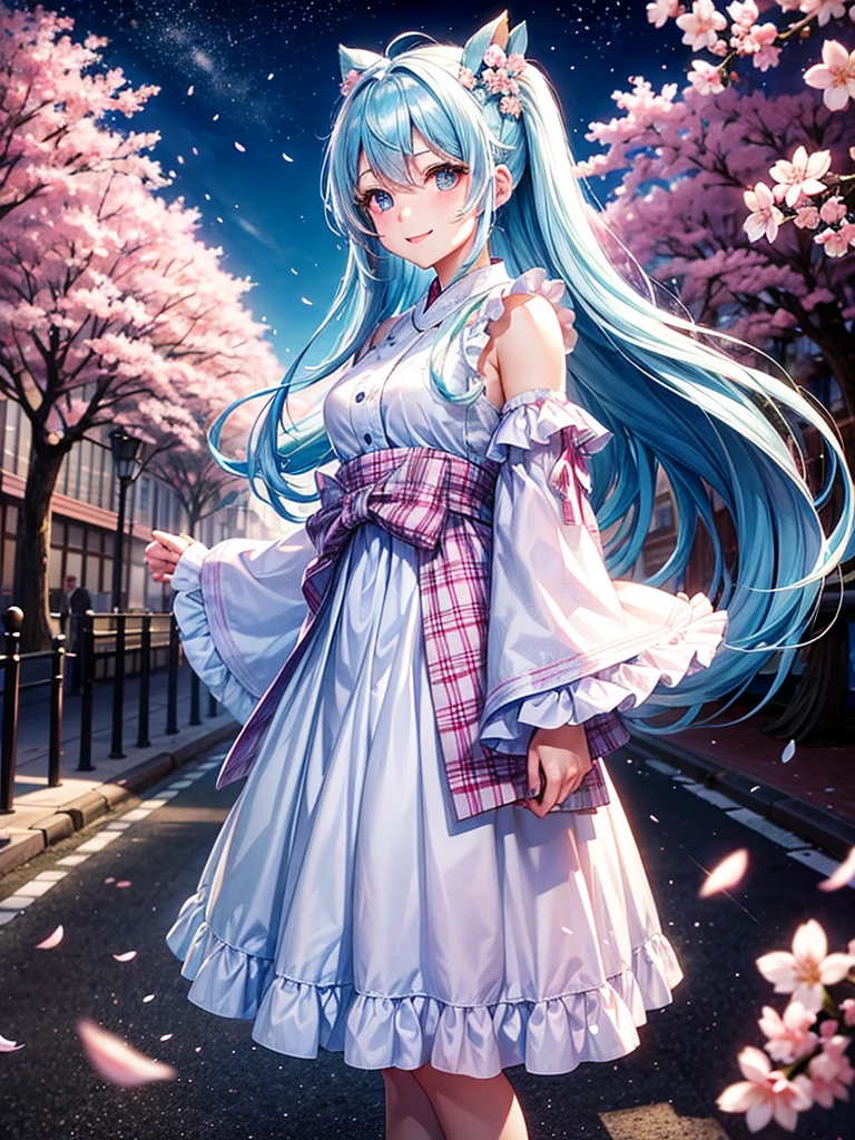 Highest Resolution,Highest quality,Walking along the cherry blossom-lined street at night１Beautiful girl of the person,Light blue hair,Very beautiful eyes,smile,Scattered cherry blossom petals,