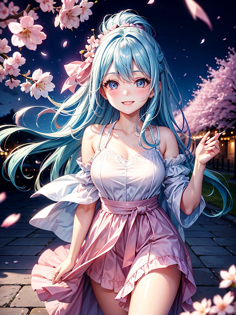 Highest Resolution,Highest quality,Walking along the cherry blossom-lined street at night１Beautiful girl of the person,Light blue hair,Very beautiful eyes,smile,Scattered cherry blossom petals,