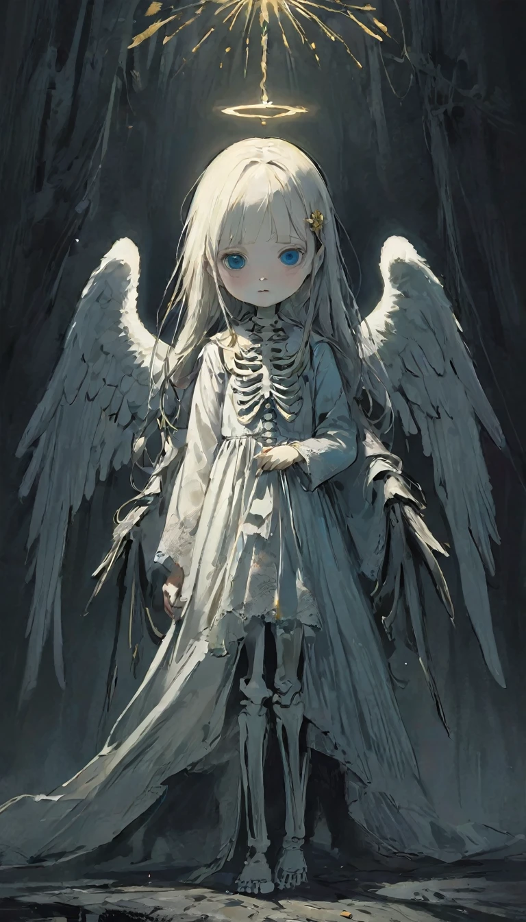 (masterpiece), (High resolution), (Very delicate), (masterpiece: 1.2, Highest quality),Darkness, An angel standing in the darkness、The girl who guides the dead to heaven、Cute face、Expressionless、 scribble, nightmare, Doll-like face, Manga Style, rough sketch, Manga Styleイラスト, Japanese painting, whole body,(snap shot), Flat Illustration, Creepy Appearance, Unique atmosphere、White God on a Skeleton、☠、💀、👼、💛