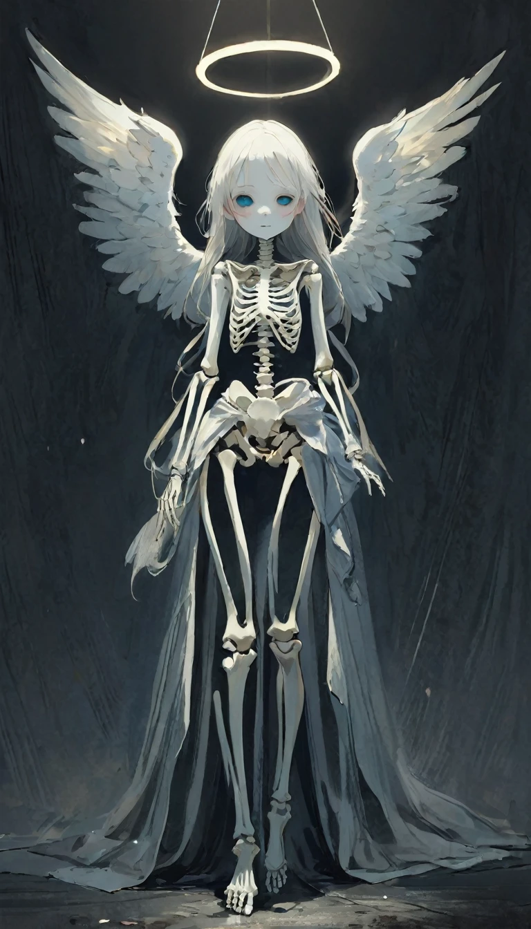 (masterpiece), (High resolution), (Very delicate), (masterpiece: 1.2, Highest quality),Darkness, An angel standing in the darkness、The girl who guides the dead to heaven、Cute face、Expressionless、 scribble, nightmare, Doll-like face, Manga Style, rough sketch, Manga Styleイラスト, Japanese painting, whole body,(snap shot), Flat Illustration, Creepy Appearance, Unique atmosphere、White God on a Skeleton、☠、💀、👼、💛