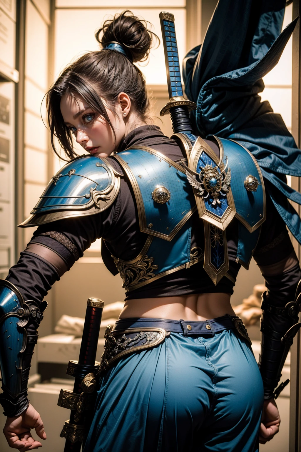 blue samurai girl, very short brunette hair, with sexy blue samurai armor on his back, showing your back, katana sword