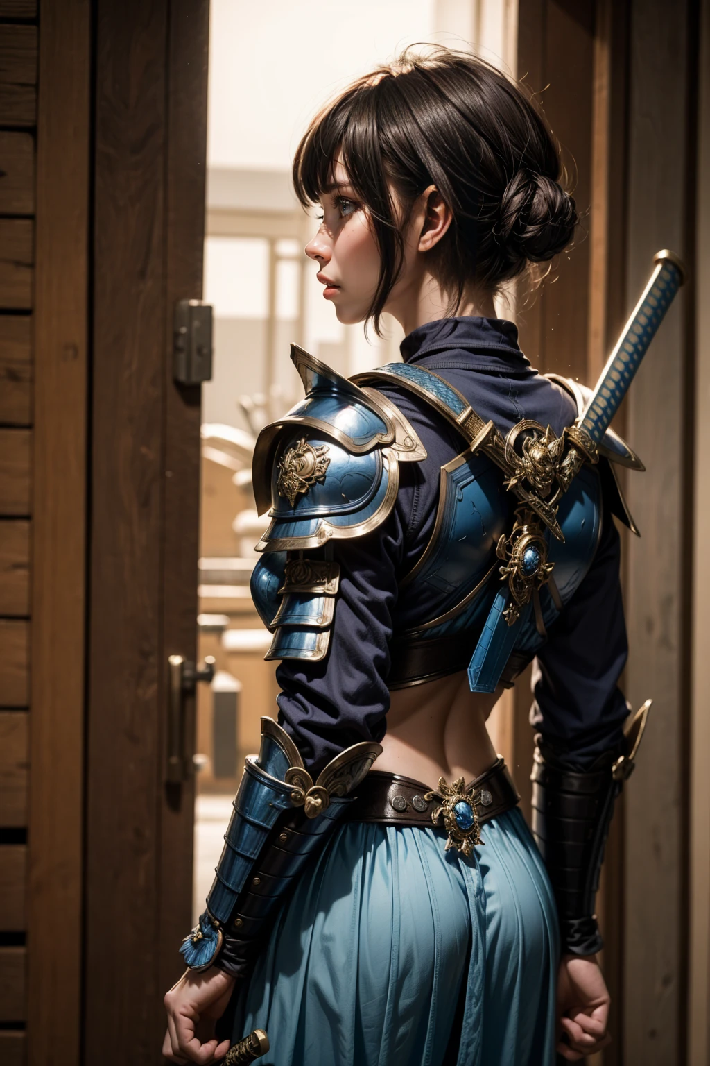 blue samurai girl, very short brunette hair, with sexy blue samurai armor on his back, showing your back, katana sword