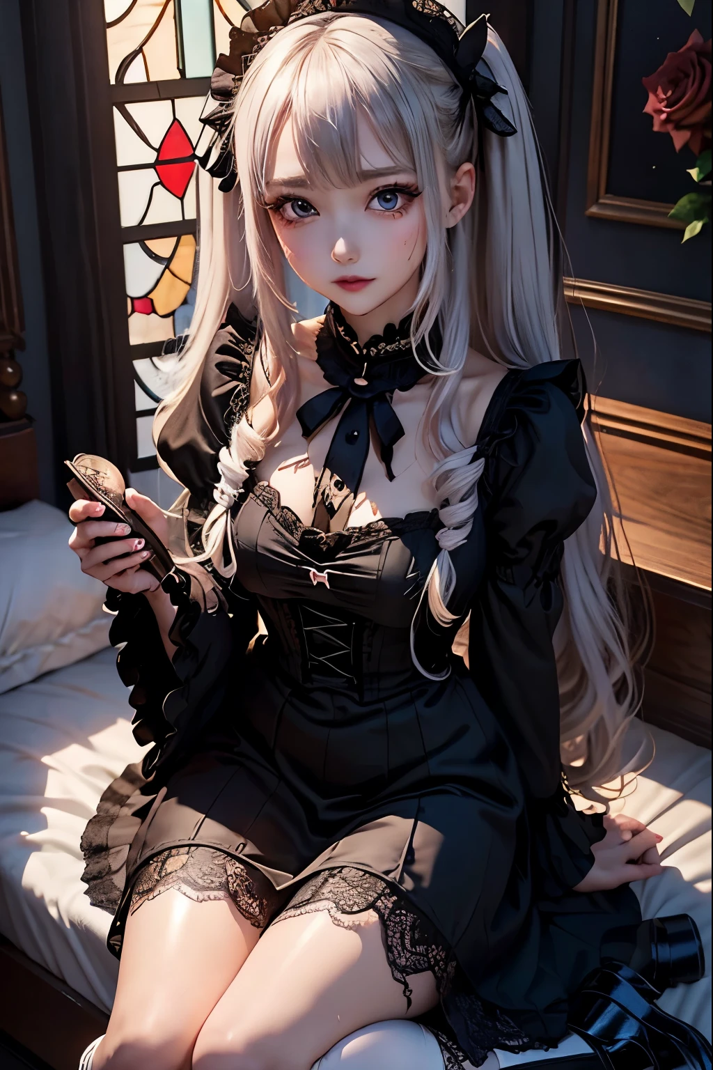 Hard Dark Gothic Makeup、Black dark eyeshadow、sad、Good skin radiance、Dark Gothicメイク、Dark smile、palace、The beauty of fragrance、24-years-old、Expression of intense sexual pleasure、Embarrassed look、Dark Gothic、Highest quality、Expression of sexual pleasure amid suffering、Drunk face、紫のMaid clotheysterious、Noble、The face of someone holding it in the toilet、sexy、Loving smile、Twin tail hair、Right blue eye, Left eye is red、Super tempting pose、Platform Heel Shoes、Heavy makeup、Gothic Lolita clothes、Silver Hair、Long Hair Straight Hair、Cute Gothic Lolita Dress、Beautiful Face、elegant features、Attractive face、Stained glass is the background、Chest glistening with sweat、The room is dark、goth long dress、Bell Sleeves、Wizard Sleeve、Decadent look、Sexually excited expression、Glossy thighs wet with water、Thighs that are wet and shiny with oil、Background of a room full of roses、sad expression、Rose Maiden、The embroidery is pink、The dress has pink embroidery.、Thigh-high socks、Knee-high socks、Gentle expression、Dark black eyeshadow、Stained glass and rose background、thighs are a little thin、Female Duo、Female couple、dark church background、Stained glass、Black metal world、Dark Castle、Dark Room、Slender body、gothic long dress、Victorian dress、Small breasts、Hold the wine in your right hand、Hold the lantern in your left hand、pantyhose、The bed is covered with roses、Lying in bed、Her thighs are shining with sweat、My body is wet and shiny、Lots of glitter on the thighs、sweating、My thighs are sticky from sweating、Sweat glistening on my thighs, The whole body is sweaty and shiny、I sweated a lot.、My thighs are sweaty、My thighs are wet、My thighs are shining with sweat、A lot of sweat glistening all over the body、Slender body、Put your head on the pillow、Sleeping on a bed、Beautiful legs、Sleep with your legs stretched、Lying in bed、