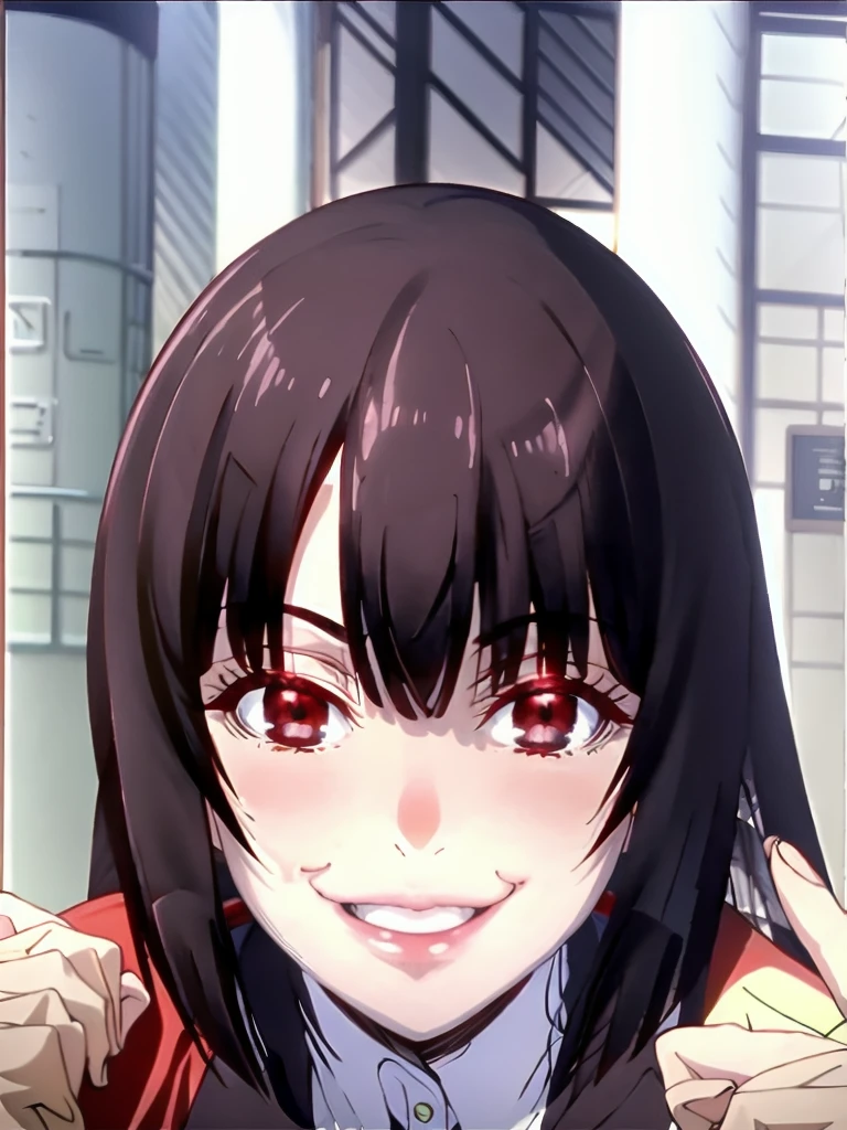 best quality, masterpiece, portrait, (close up:1.2), upper body, arms behind back, pov,
1girl, jabami yumeko,dynamic_pose, evil smile, , blunt bangs, black hair, red jacket, indoors, classrooom, smile, looking at viewer, ai-generated