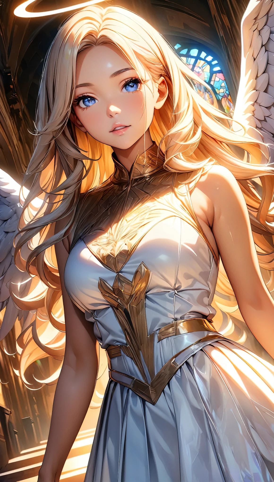 A radiant angelic guardian, her skin glowing like dawn's first light, wings outstretched in a beacon of hope amidst a divine battlefield, 8k, high resolution. Her sapphire eyes mirror the heavens, her long, golden hair bathed in holy radiance. blond hair, golden hair, She dons a heavenly armor of gold and diamond, her luminous sword held high against the encroaching darkness. at the gates of heaven