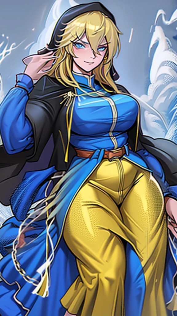 Highly detailed, 1 girl, goeniko, cream-yellow hair, shiny blue eyes, serious, goeniko's clothes, big buson, curvy body, looking to the viewer, snowing, Large chains in hand