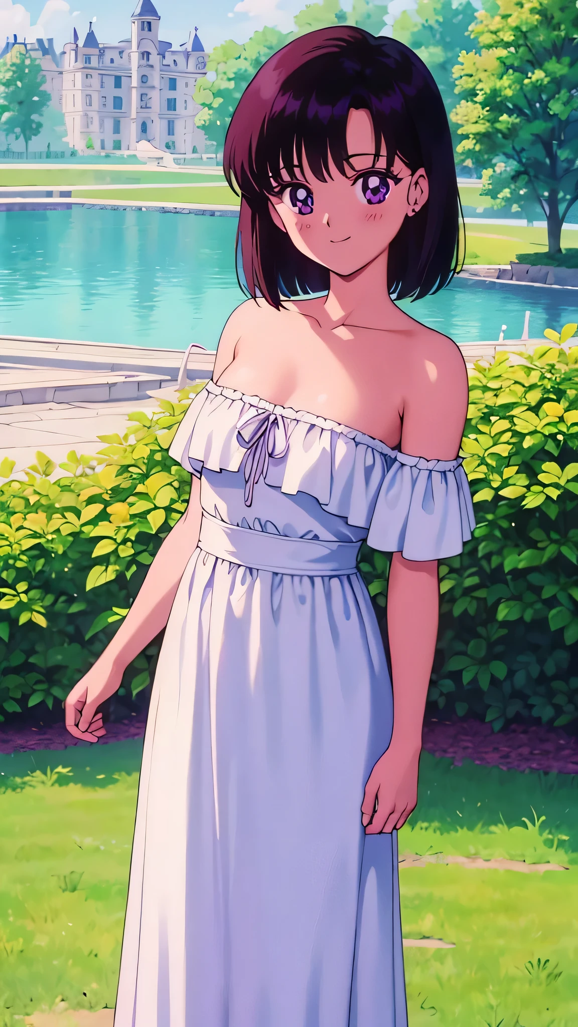 1990s \(style\), masterpiece, best quality, highres, outdoors, small breasts, 1 girl, Solo, Hotaru Tomoe, Purple Eyes, Beautiful Detail Eyes, Black Bob Hair, Arms at Sides, Smile, Blushing, Bare Neck, Bare Shoulders, strapless, White Ruffle Off-the-Shoulder maxi dress. Cowboy shot. A mansion with a lake and a green maze. In the center. Standing straight