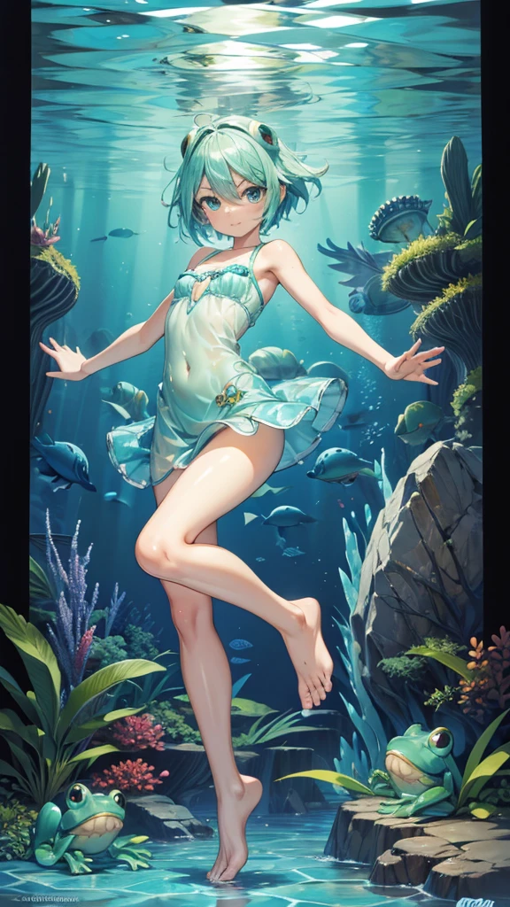 Flat-chested girl with short aqua hair,Transparent short dress,Murloc,Frog flipper,Water Spirit,covered in scales,briefs,Bare Legs,Feet,barefoot,deep sea