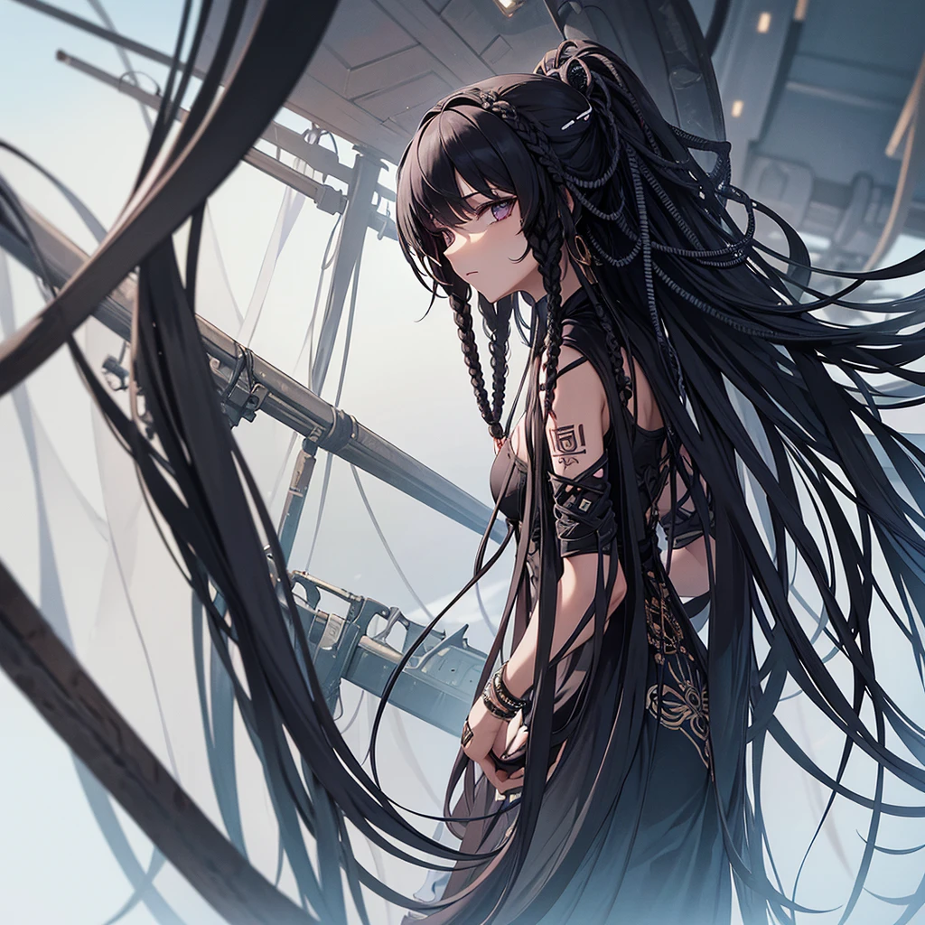 woman. mulatta. He has dreadlocks in his hair. has tattoos. He is wearing black clothes. futuristic scenery
