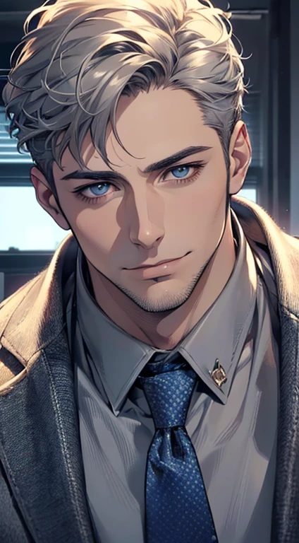 (best quality,4k,8k,highres,masterpiece:1.2),ultra-detailed,(realistic,photorealistic,photo-realistic:1.37),1 man,31 years old,mature man,very handsome,without expression,smile,short grey hair,blue eyes,penetrating gaze,perfect face without errors,imposing posture,businessman,office background,cinematic lighting,hdr image