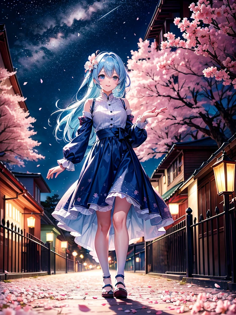 Highest Resolution,Highest quality,Walking along the cherry blossom-lined street at night1Beautiful girl of the person,Light blue hair,Very beautiful eyes,smile,Scattered cherry blossom petals,Night Sky,Starry Sky,moonlight,