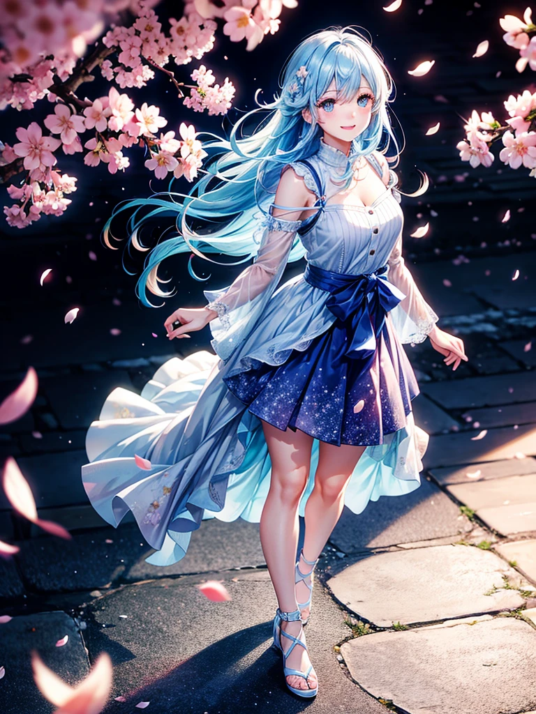 Highest Resolution,Highest quality,Walking along the cherry blossom-lined street at night1Beautiful girl of the person,Light blue hair,Very beautiful eyes,smile,Scattered cherry blossom petals,Night Sky,Starry Sky,moonlight,